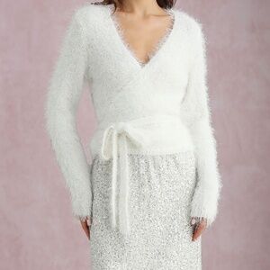 Fuzzy White Wrap V-Beck Tie Waist Sweater